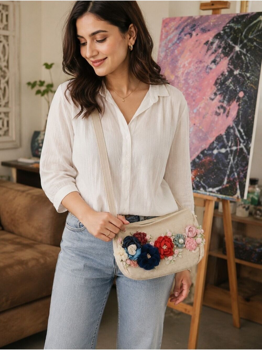 Handmade Floral Appliqué Baguette Shoulder Bag Cottagecore Coquette